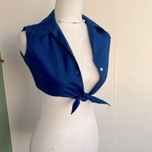 Vintage 60s 70s Navy Dagger Collar Tie Front Crop Top
